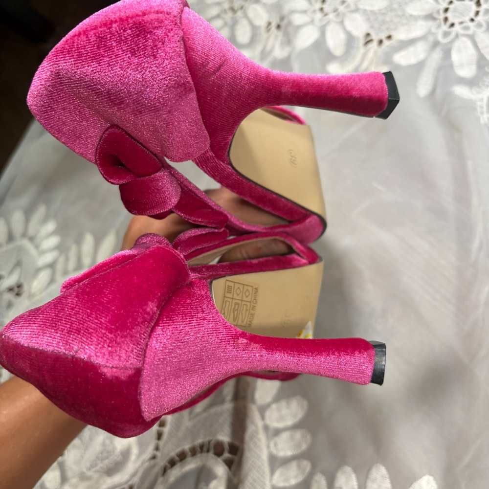 Y2K Style Pink Velvet Bow D'Orsay Pointed Toe Stiletto Pumps Size 39 - Picture 6 of 6